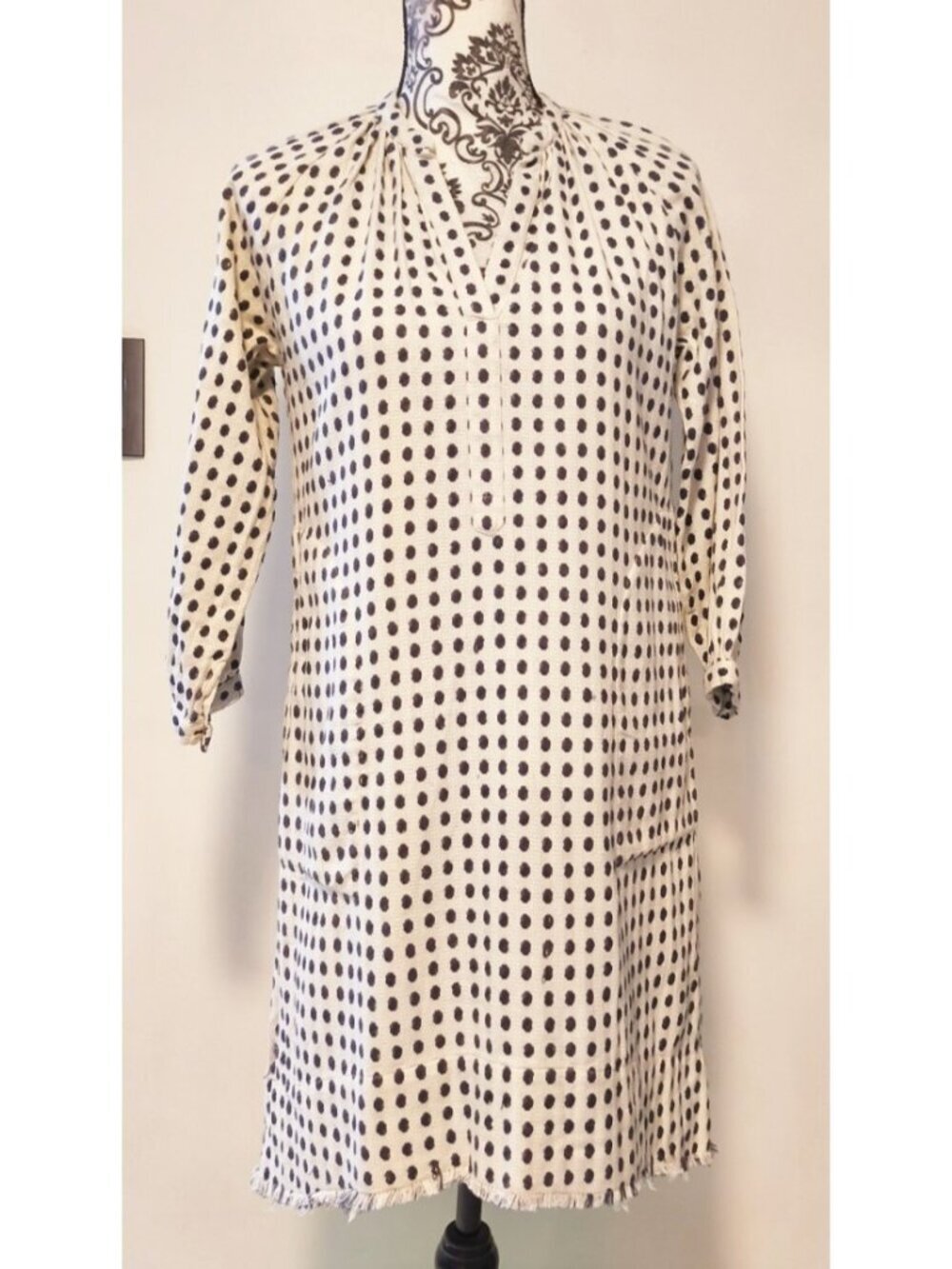 Share With Organic Cotton Tunic Dress M Black White Polka Dot Boho India
